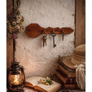Wooden Key Shaped Wall Mounted Key Holder Organizer Hooks Vintage Unique Keyhook